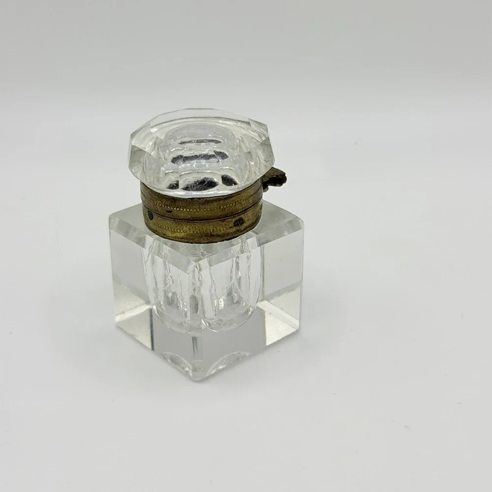 Antique Victorian Crystal Inkwell Cut Faceted Glass Brass Lid Hinge 2